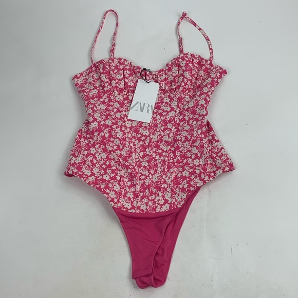 Zara Pink Floral Body Suit Tank Top Style Size Small Adjustable Zip up New NWT - Picture 15 of 16